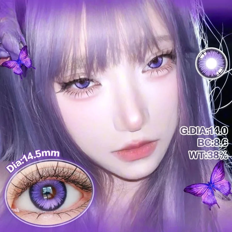 Lalens Butterfly Blue Myopia Colored Contact Lenses with Prescription 14.5mm Purple Beauty Lens for Coser Anime Cosplay Contacts