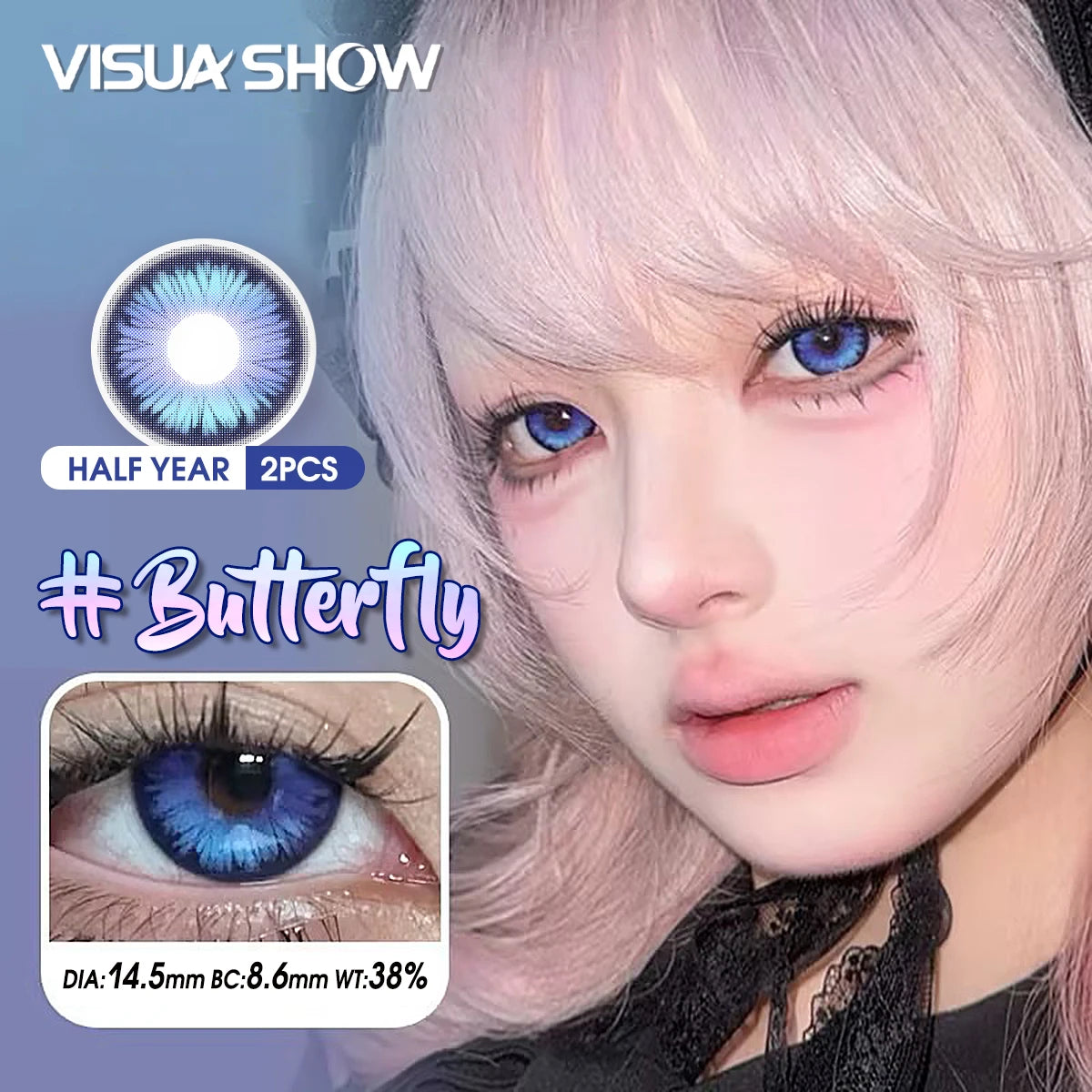 Lalens Butterfly Blue Myopia Colored Contact Lenses with Prescription 14.5mm Purple Beauty Lens for Coser Anime Cosplay Contacts